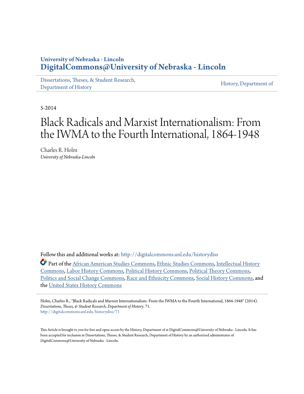 Black Radicals and Marxist Internationalism: from the IWMA to the Fourth International, 1864-1948 Charles R