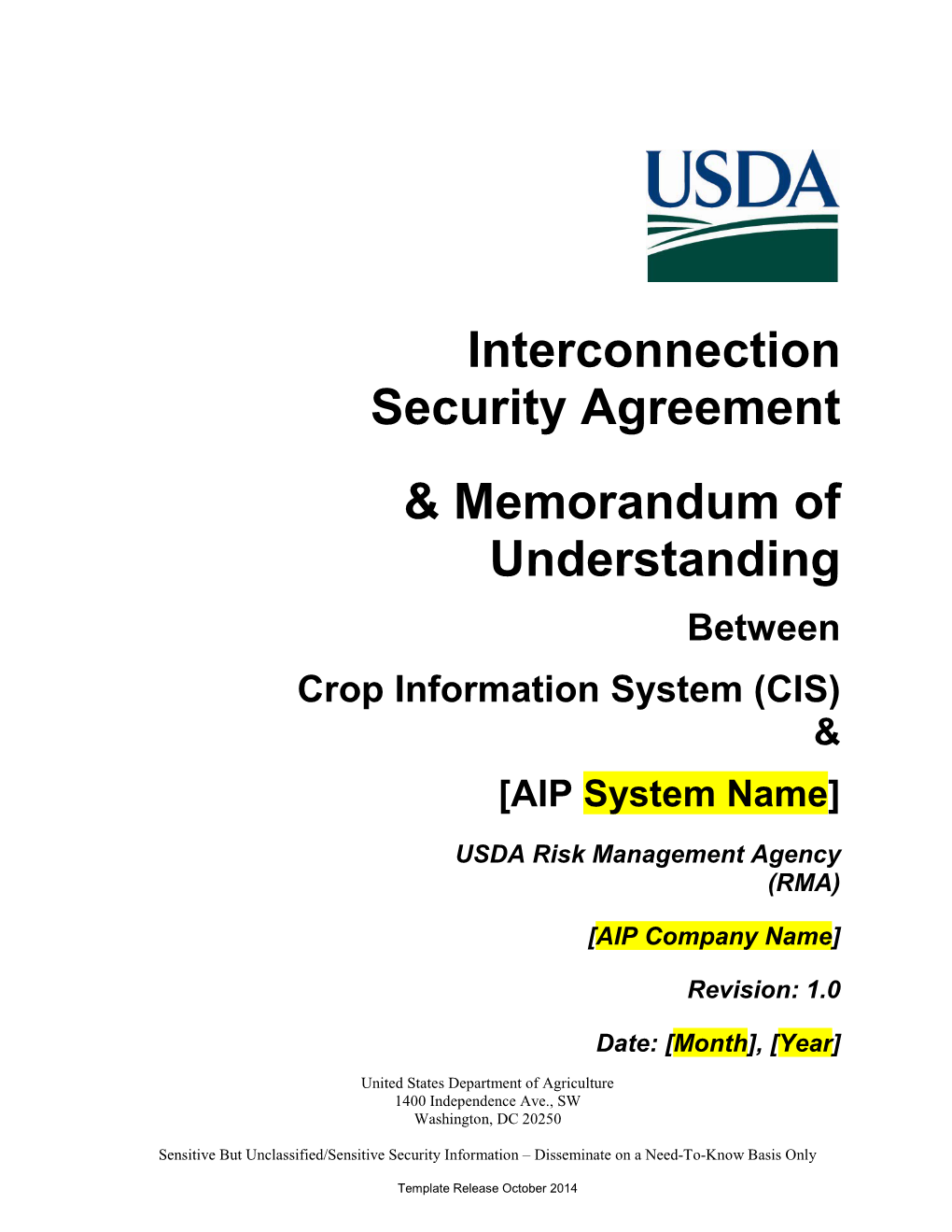 Interconnection Security Agreement & Memorandum of Understanding Between Crop Information System (CIS) & [AIP System Name]