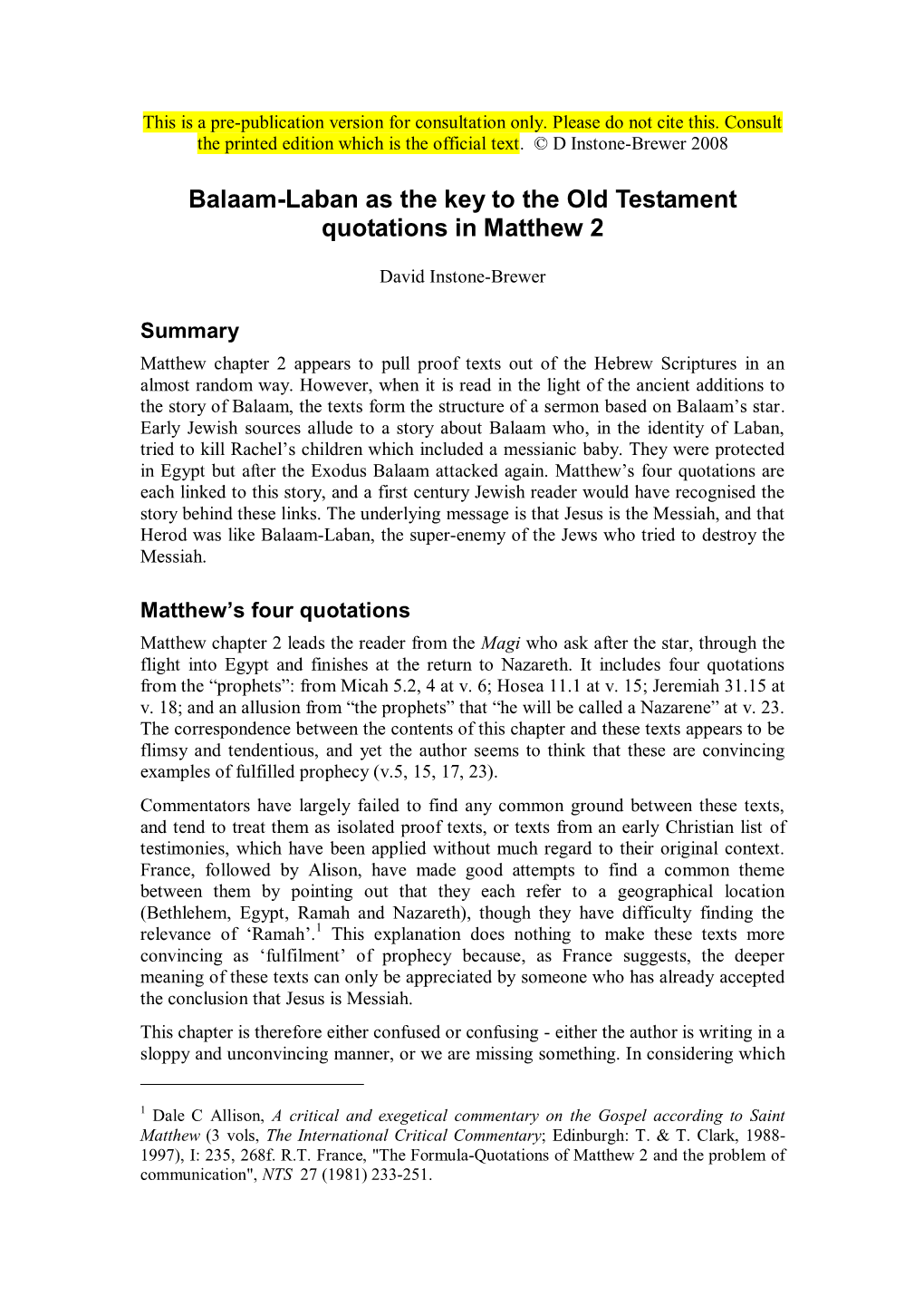 Balaam-Laban As the Key to the Old Testament Quotations in Matthew 2