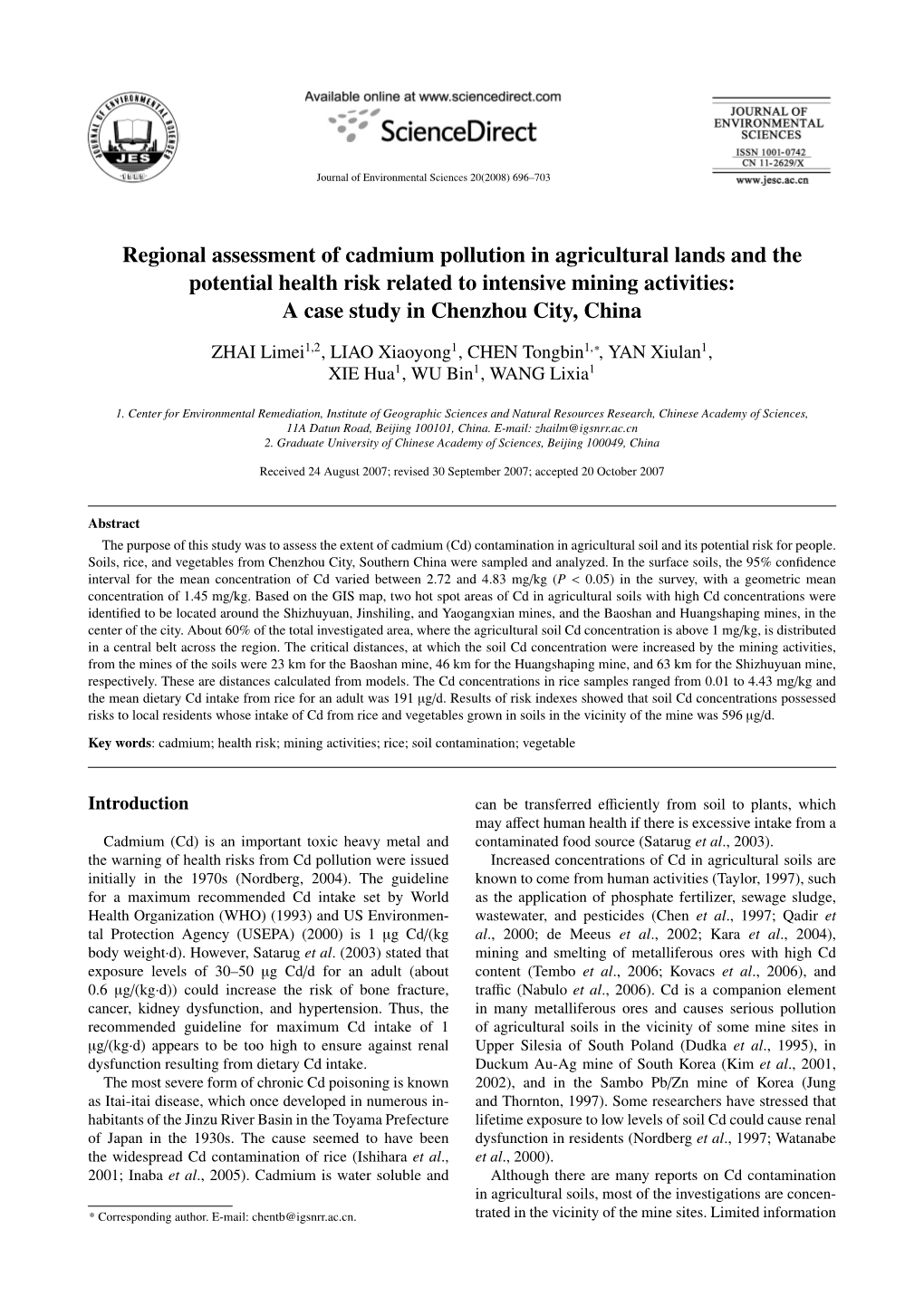 Regional Assessment of Cadmium Pollution in Agricultural Lands And