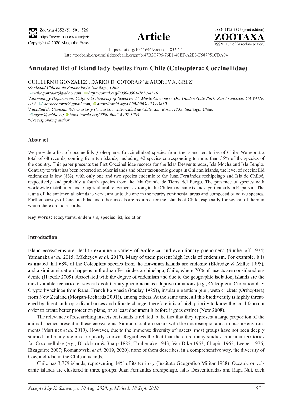 Annotated List of Island Lady Beetles from Chile (Coleoptera: Coccinellidae)