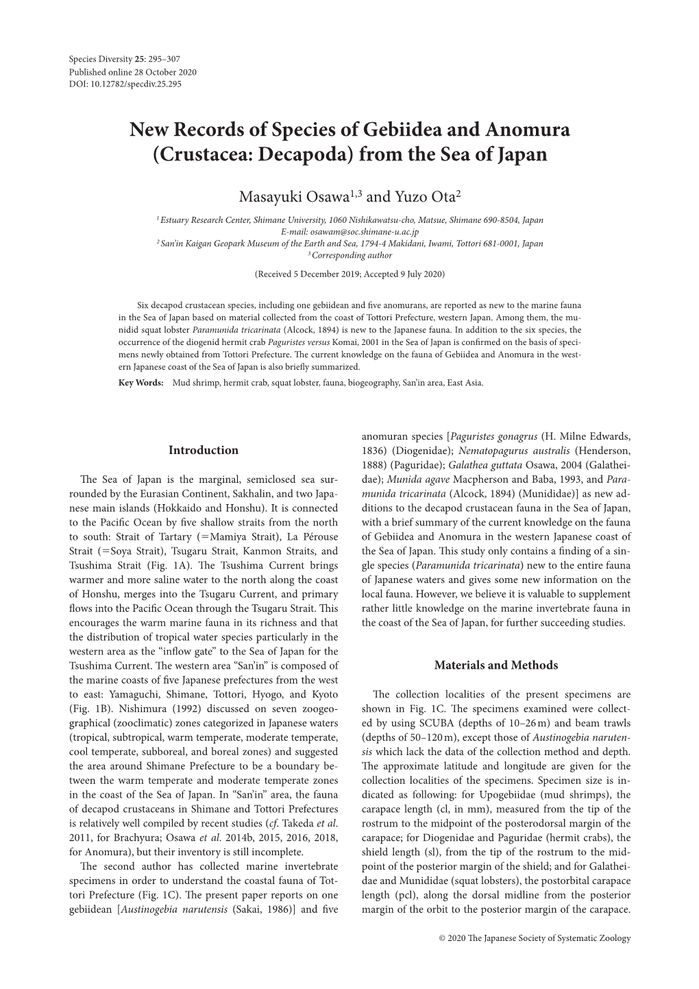 New Records of Species of Gebiidea and Anomura (Crustacea: Decapoda) from the Sea of Japan