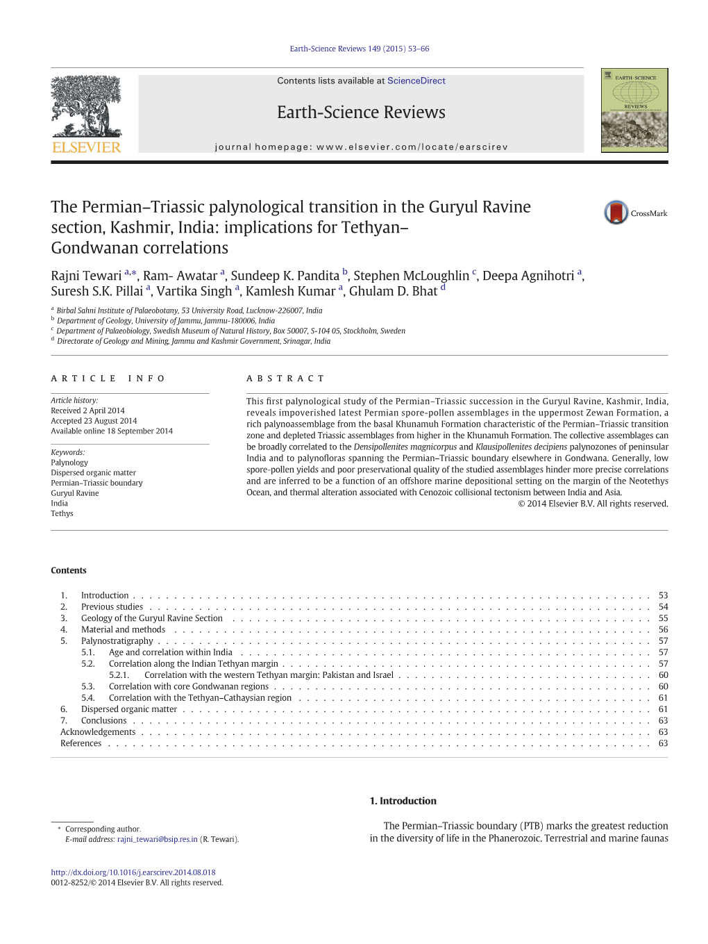 The Permian–Triassic Palynological Transition in the Guryul Ravine Section, Kashmir, India: Implications for Tethyan– Gondwanan Correlations