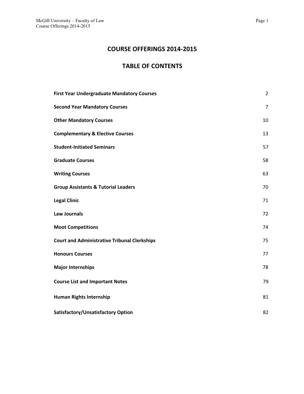 Course Offerings 2014-2015 Table of Contents