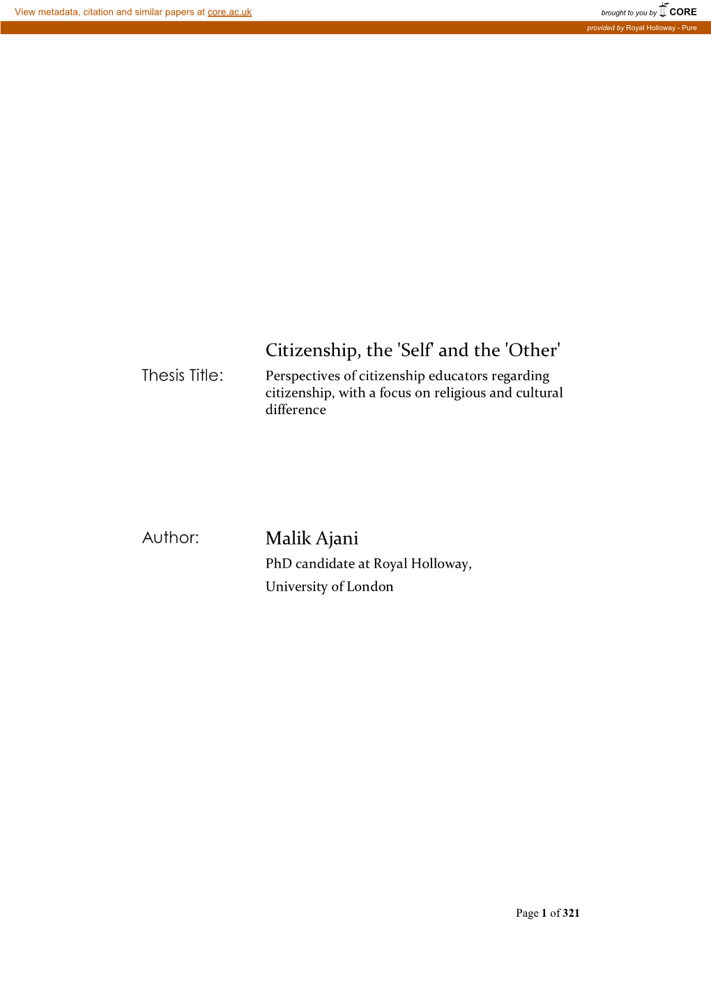 Citizenship, the 'Self' and the 'Other' Thesis Title: Perspectives of Citizenship Educators Regarding Citizenship, with a Focus on Religious and Cultural Difference