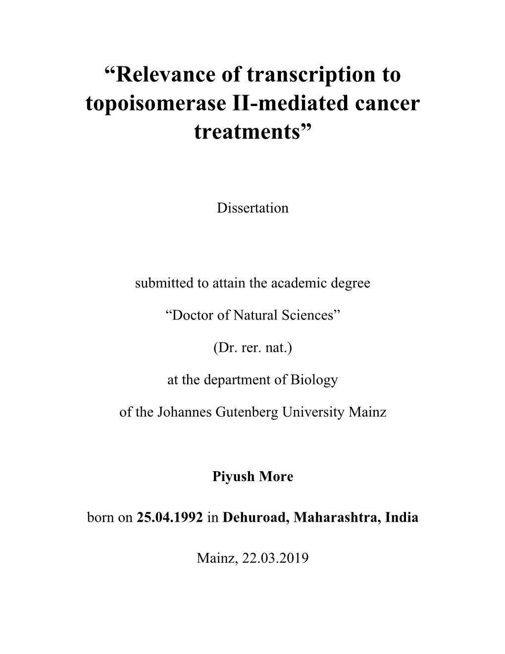 “Relevance of Transcription to Topoisomerase II-Mediated Cancer Treatments”