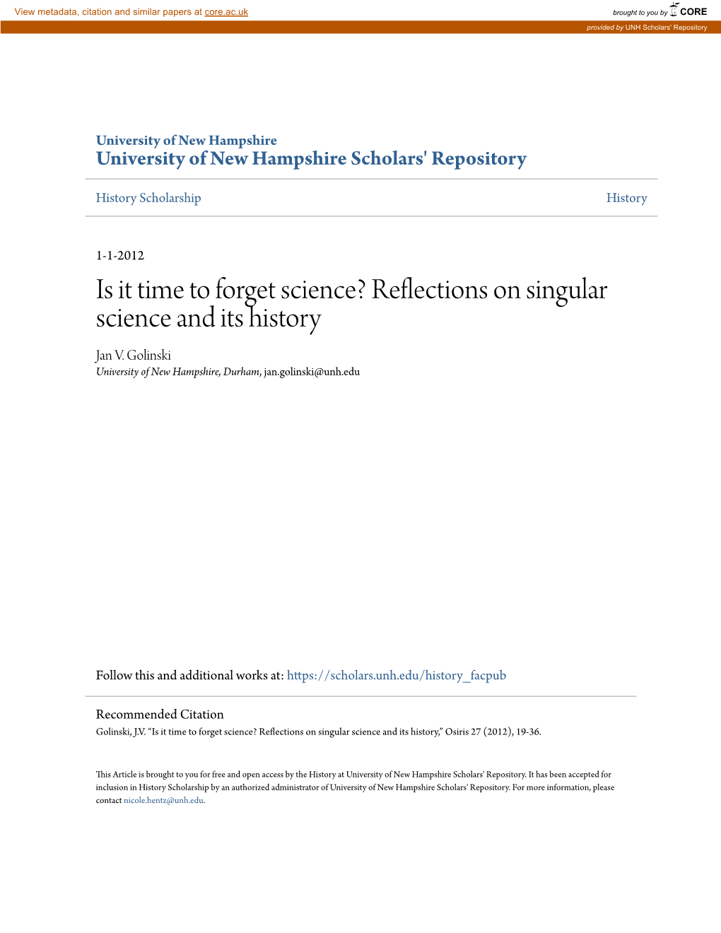 Reflections on Singular Science and Its History Jan V