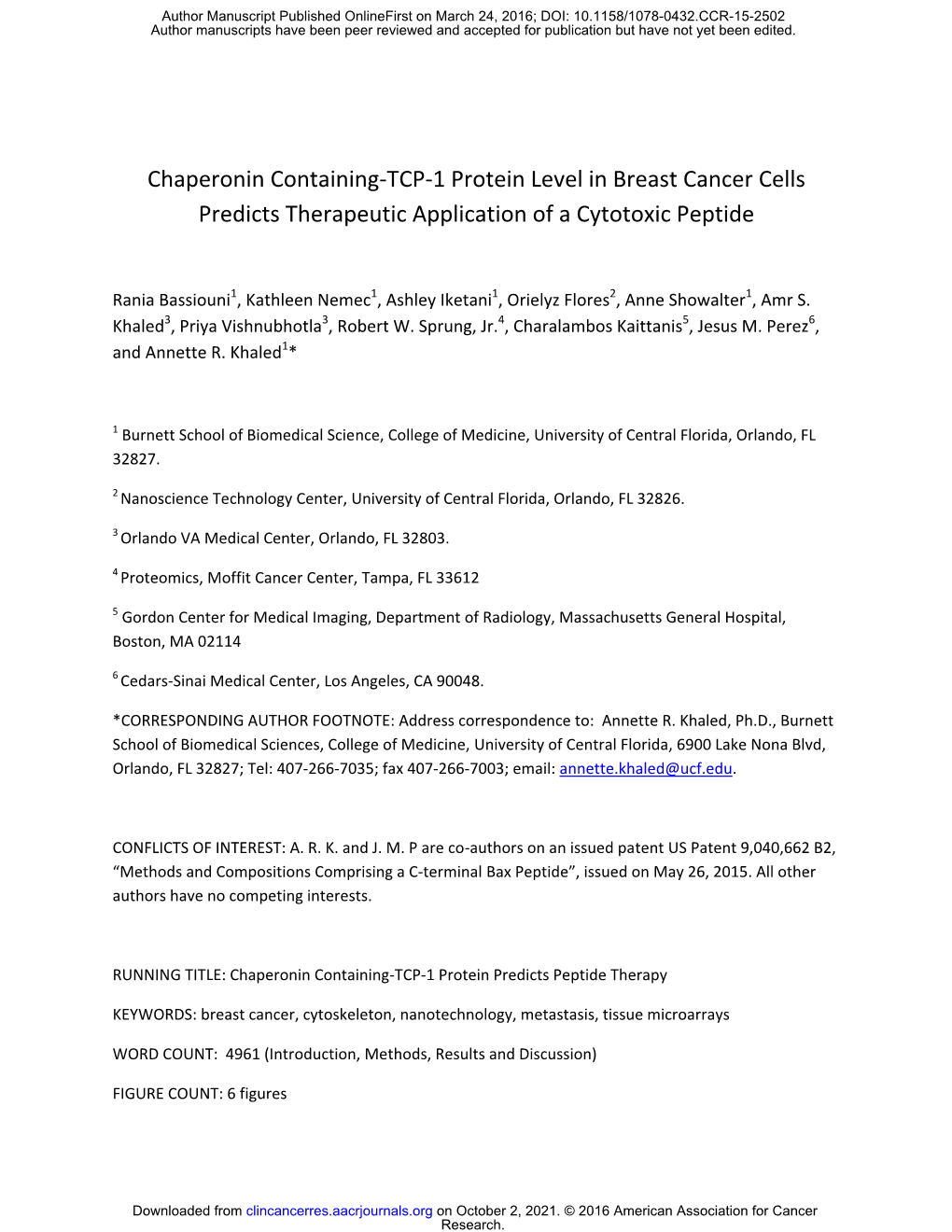 Chaperonin Containing-TCP-1 Protein Level in Breast Cancer Cells Predicts Therapeutic Application of a Cytotoxic Peptide