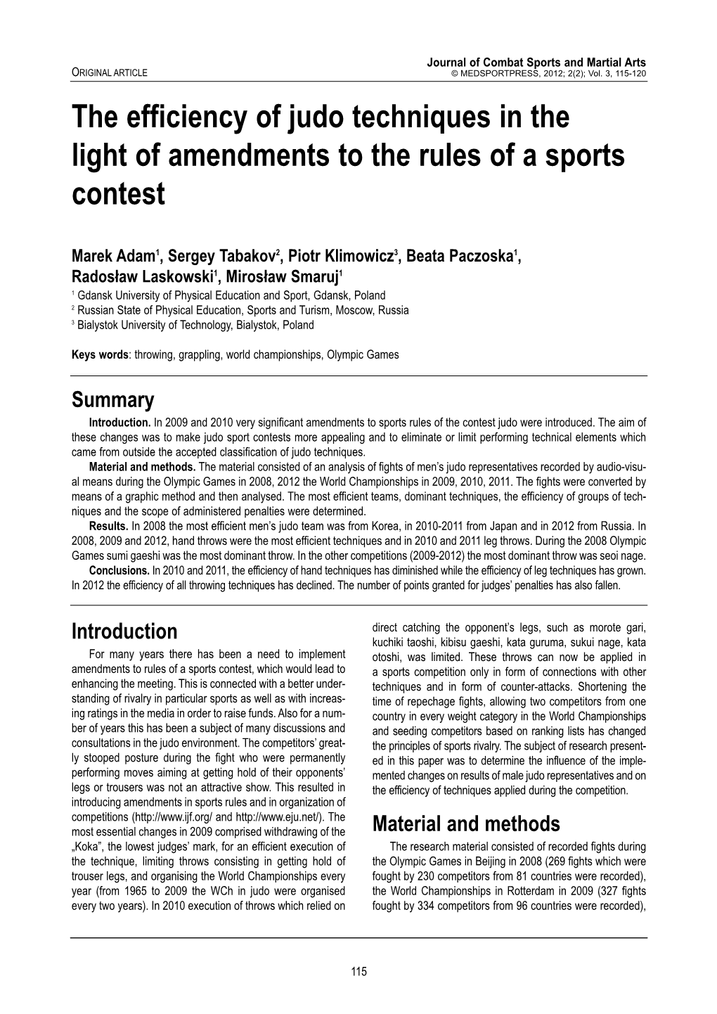 The Efficiency of Judo Techniques in the Light of Amendments to the Rules of a Sports Contest