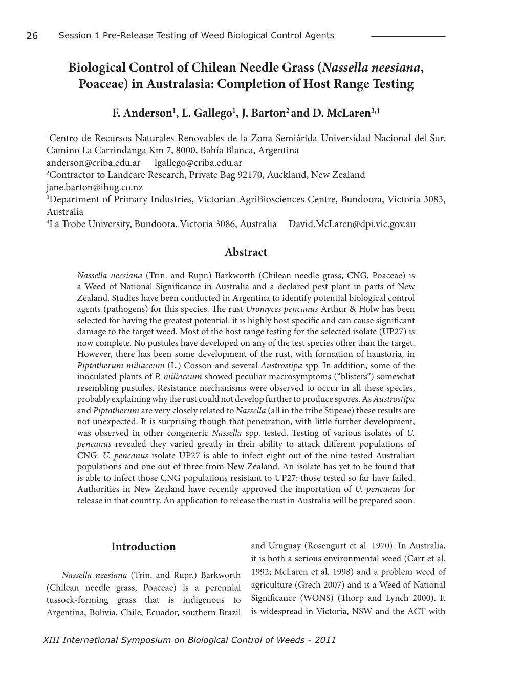 Biological Control of Chilean Needle Grass (Nassella Neesiana, Poaceae) in Australasia: Completion of Host Range Testing