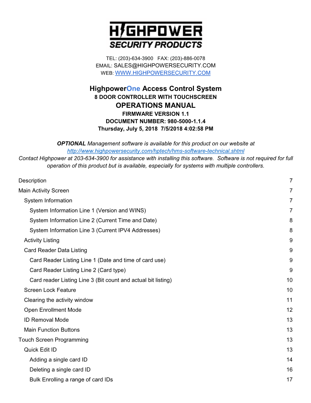 Highpowerone Access Control System OPERATIONS MANUAL