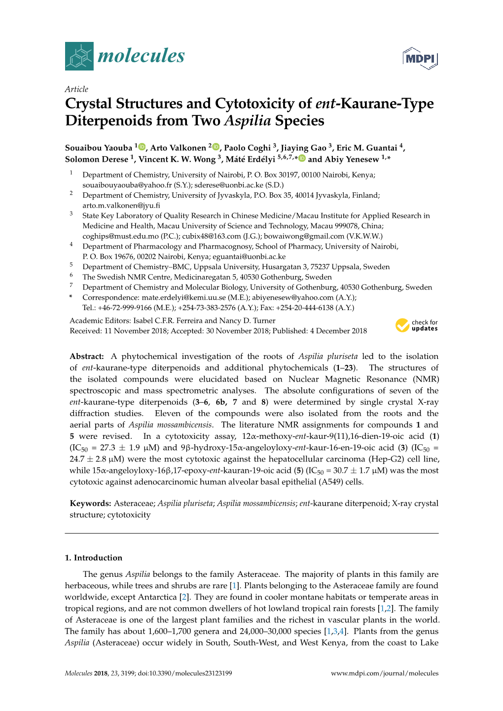 Crystal Structures and Cytotoxicity of Ent-Kaurane-Type Diterpenoids from Two Aspilia Species