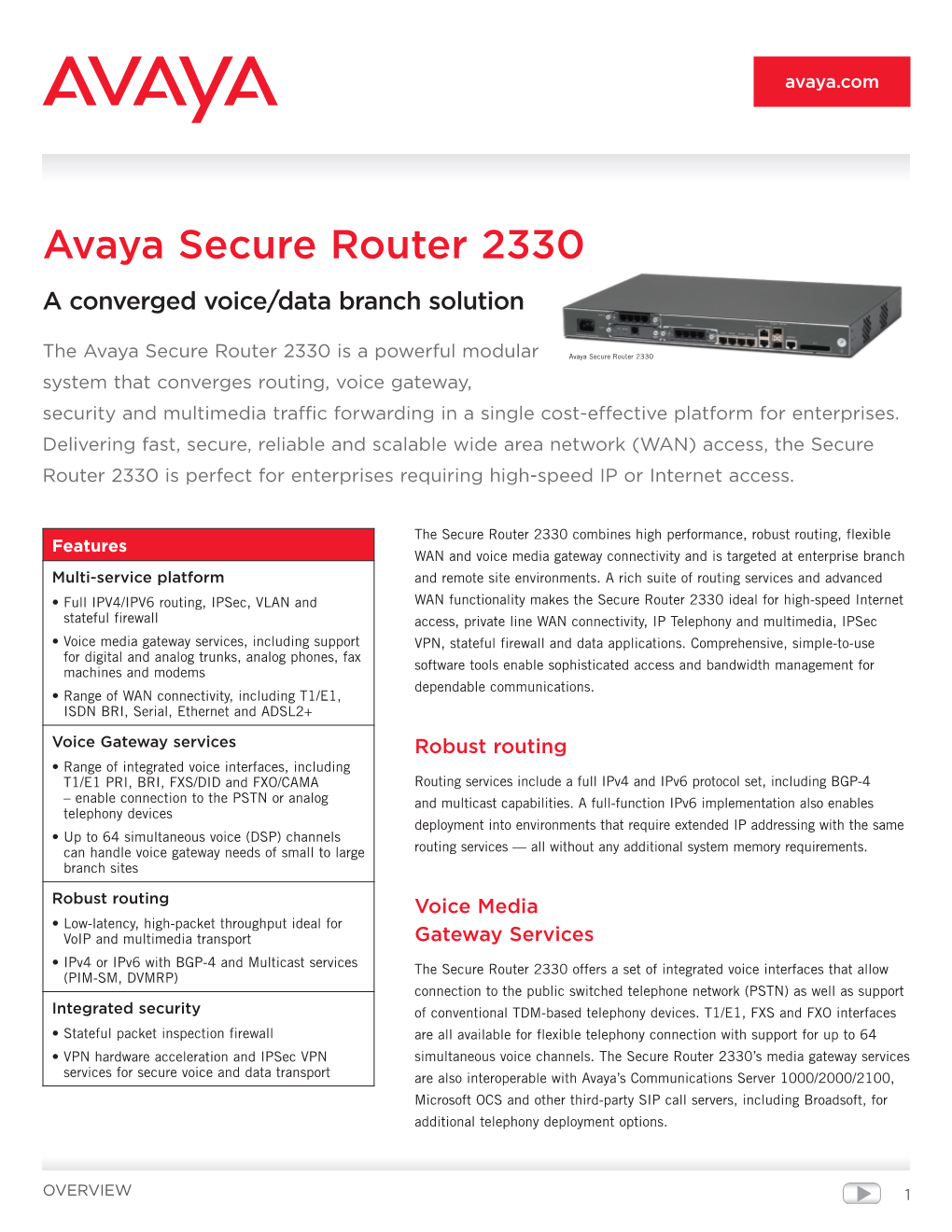 Avaya Secure Router 2330 a Converged Voice/Data Branch Solution