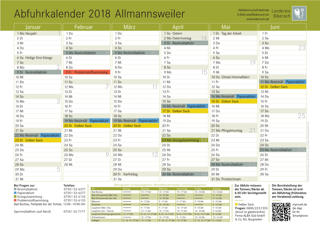 Abfuhrkalender 2018 Allmannsweiler