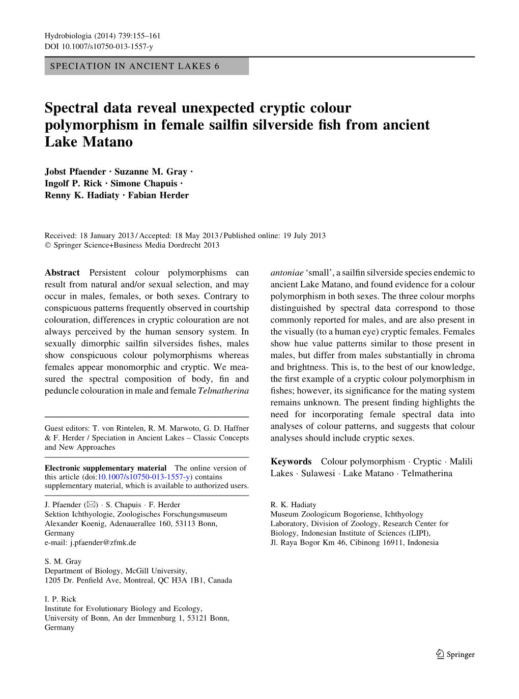 Spectral Data Reveal Unexpected Cryptic Colour Polymorphism in Female Sailﬁn Silverside ﬁsh from Ancient Lake Matano