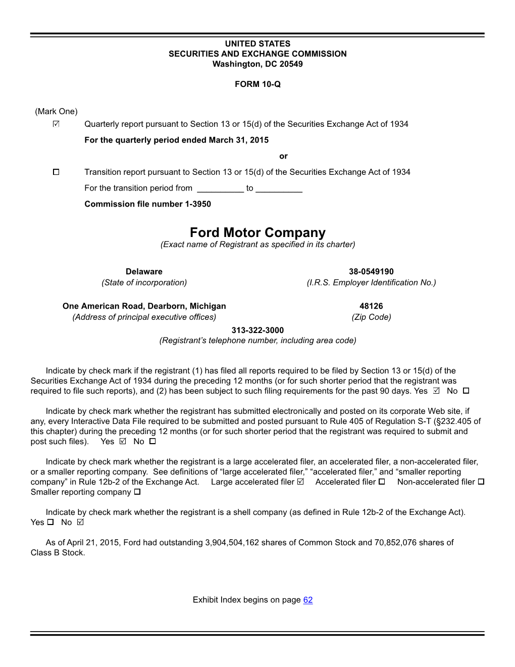 Ford Motor Company (Exact Name of Registrant As Specified in Its Charter)