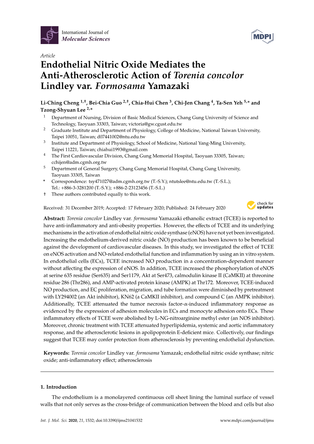 Endothelial Nitric Oxide Mediates the Anti-Atherosclerotic Action of Torenia Concolor Lindley Var. Formosama Yamazaki