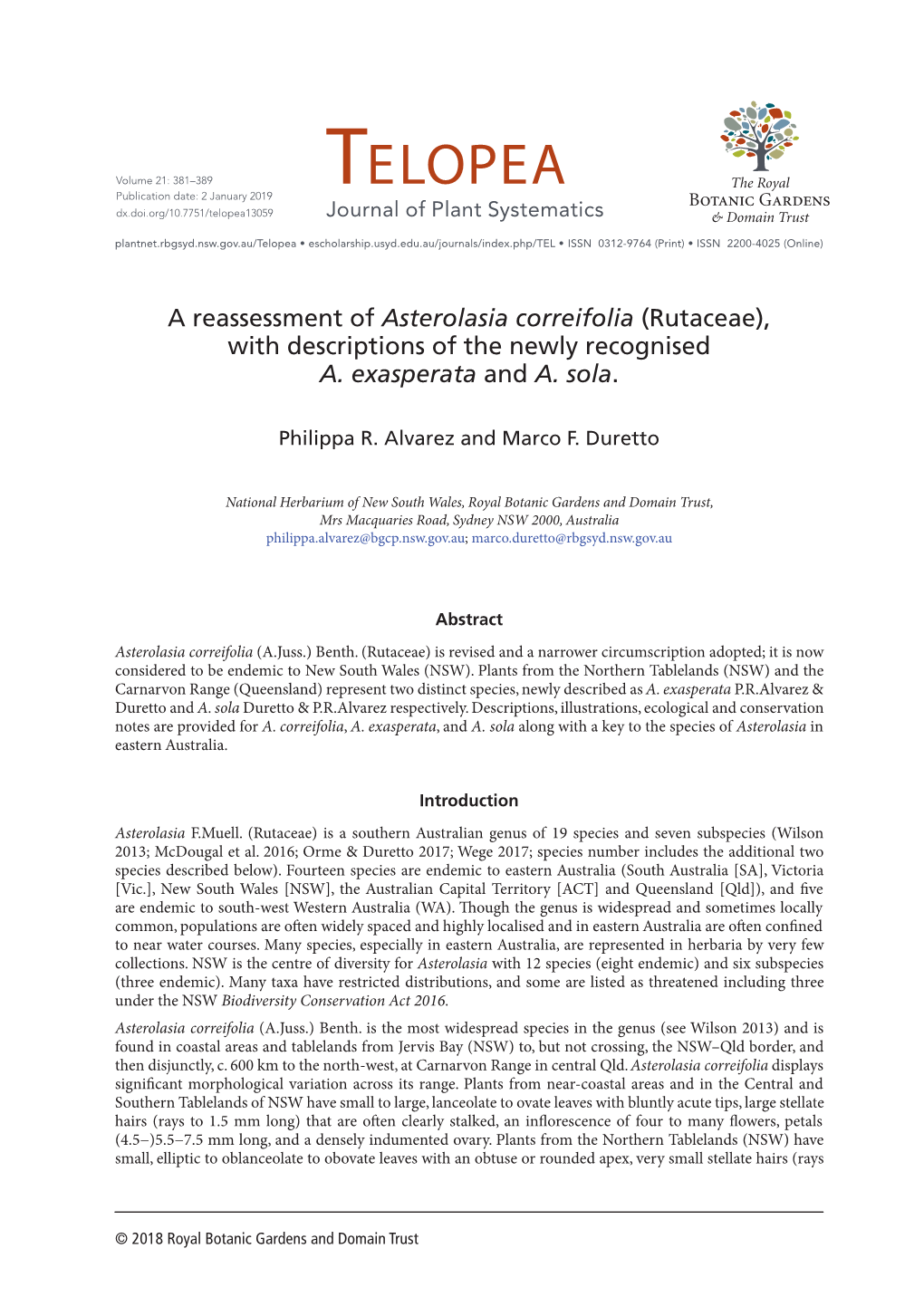 Asterolasia Correifolia (Rutaceae), with Descriptions of the Newly Recognised A