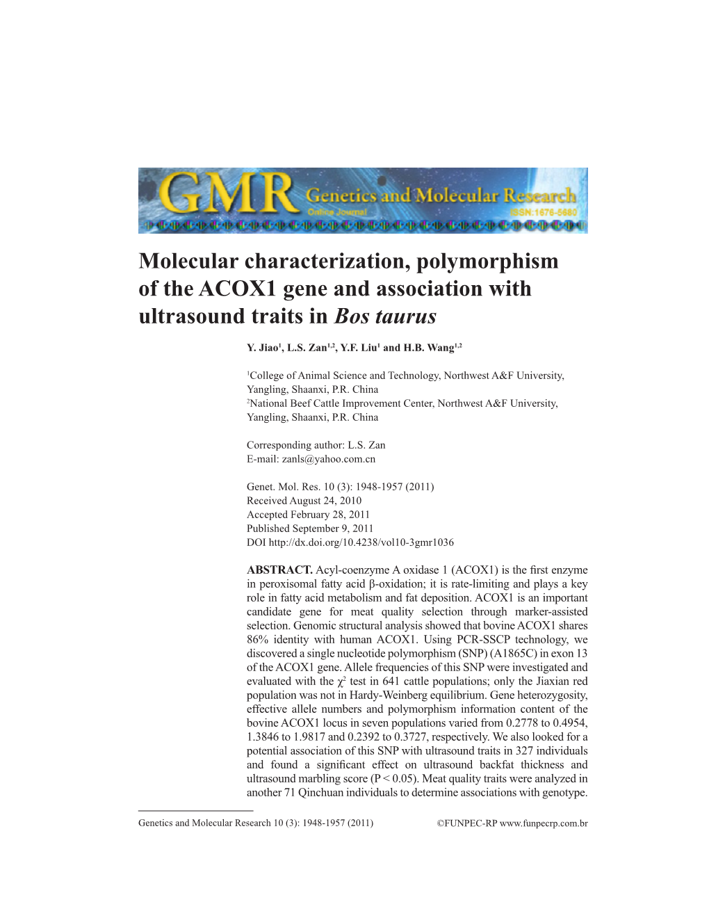 Molecular Characterization, Polymorphism of the ACOX1 Gene and Association with Ultrasound Traits in Bos Taurus