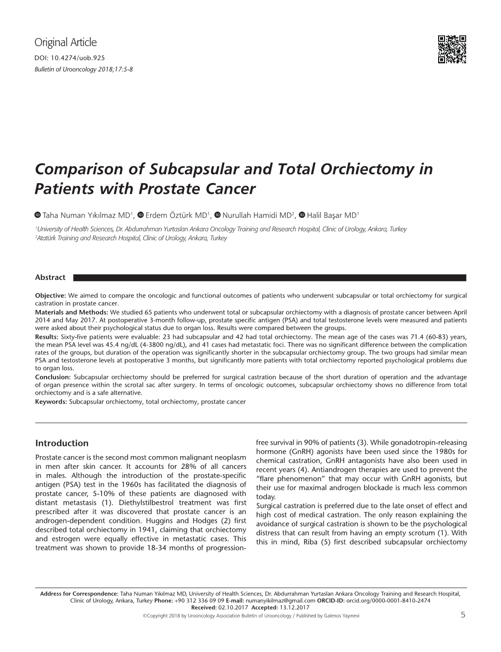 Comparison of Subcapsular and Total Orchiectomy in Patients with Prostate Cancer