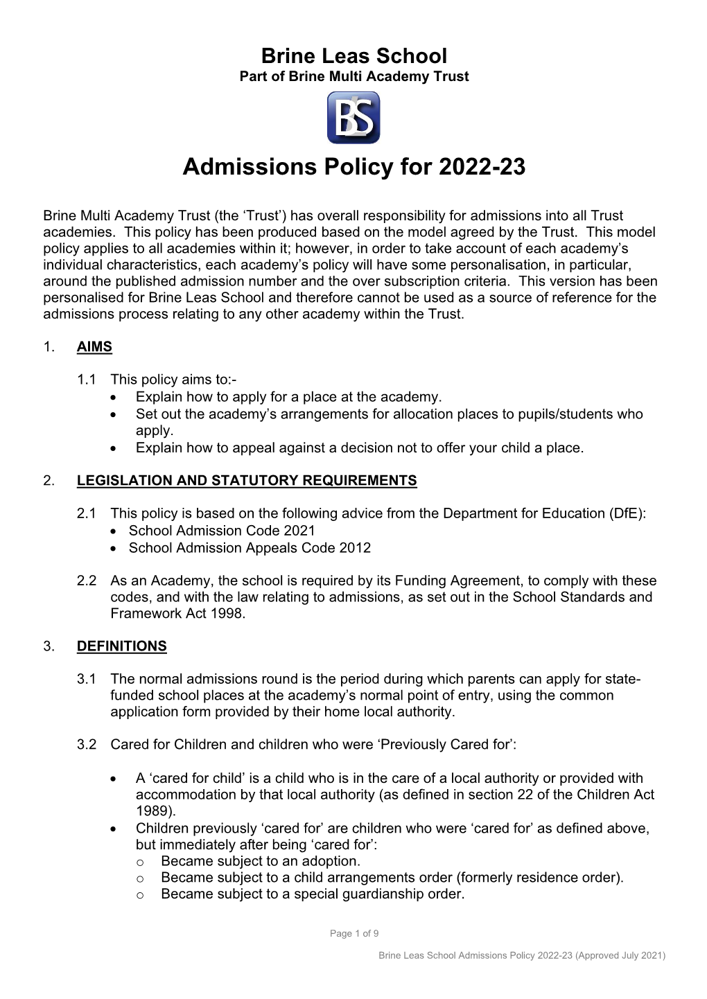 Admissions Policy for 2022-23