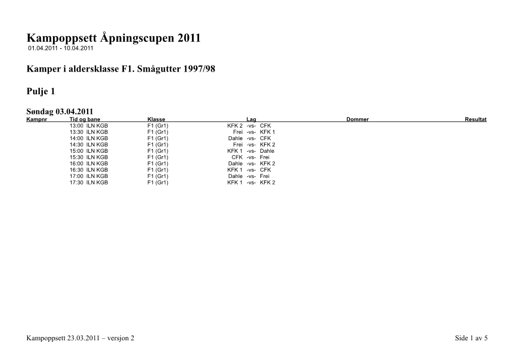 Kampoppsett Åpningscupen 2011 01.04.2011 - 10.04.2011