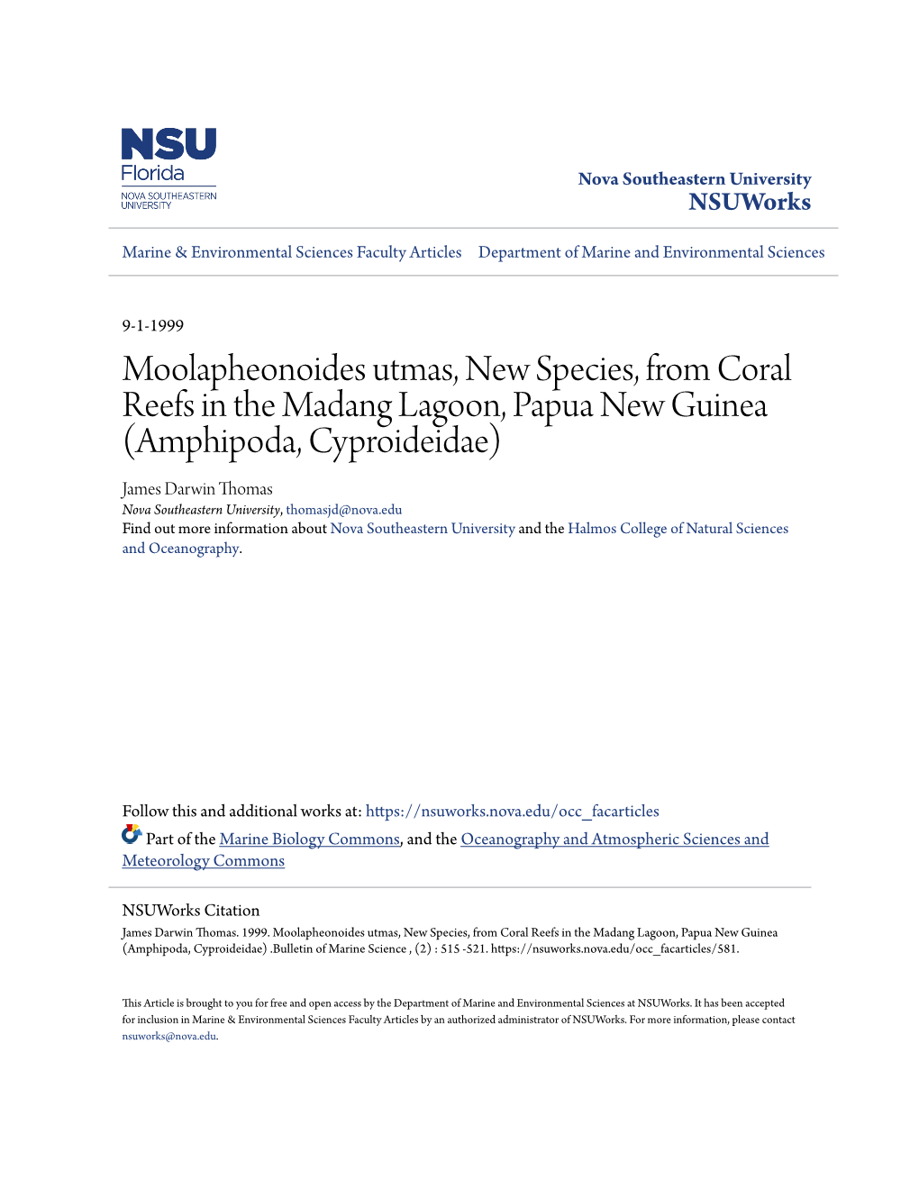 Moolapheonoides Utmas, New Species, from Coral