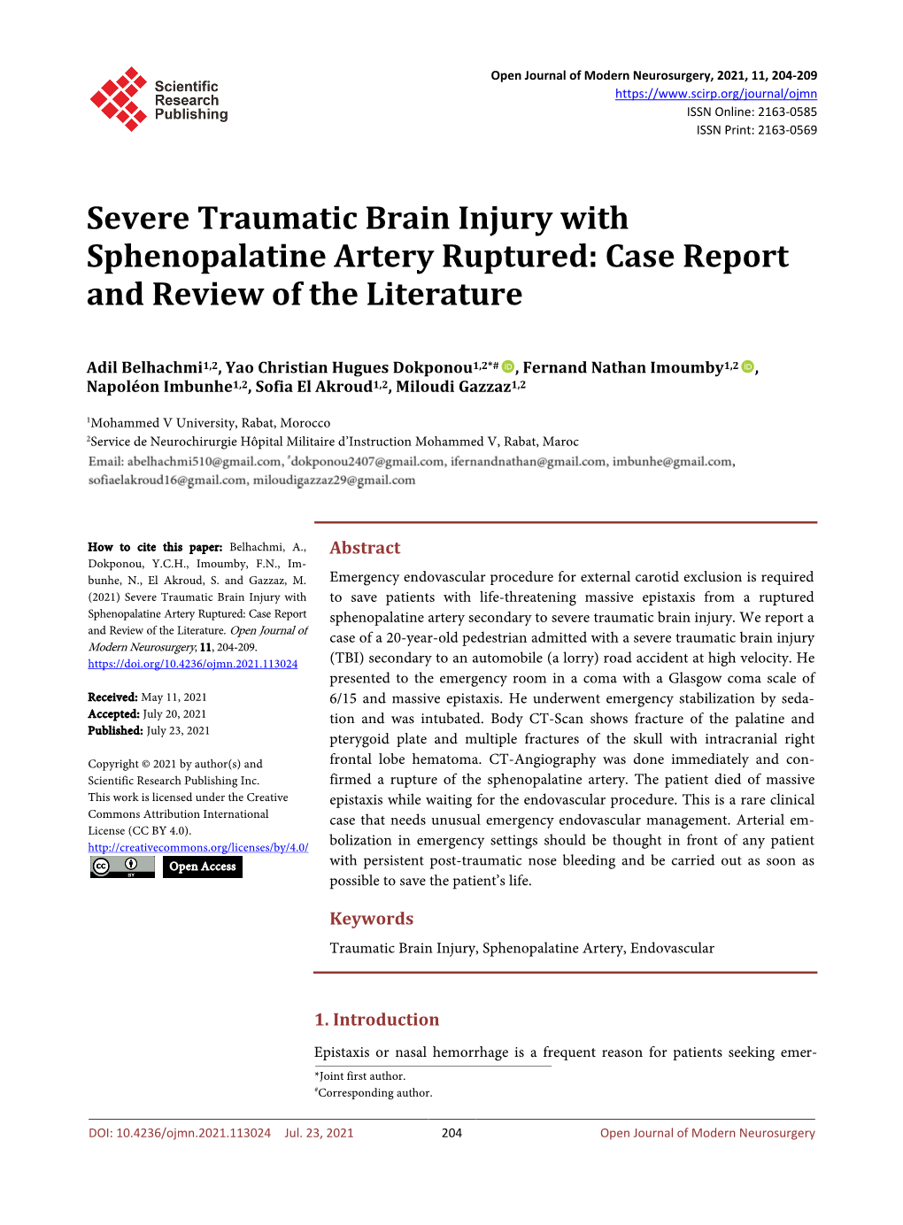 Severe Traumatic Brain Injury with Sphenopalatine Artery Ruptured: Case Report and Review of the Literature