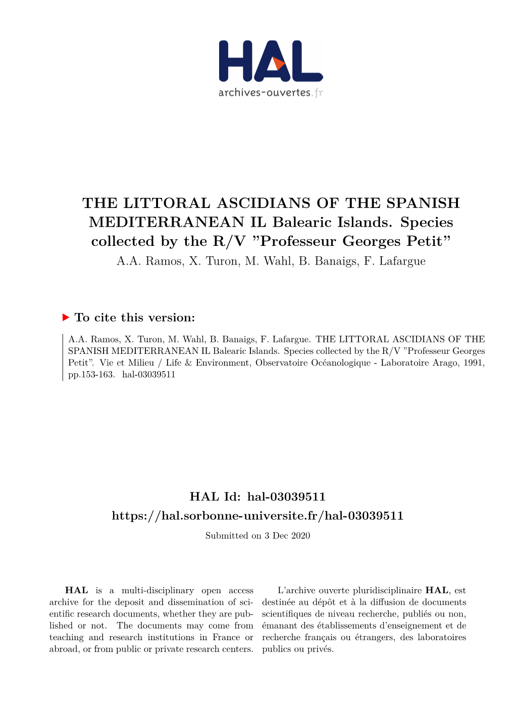 THE LITTORAL ASCIDIANS of the SPANISH MEDITERRANEAN IL Balearic Islands