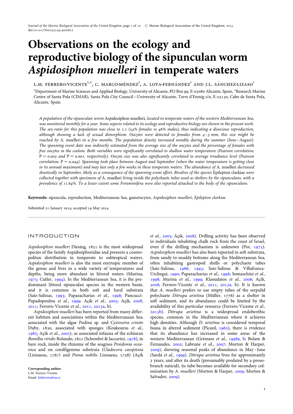 Observations on the Ecology and Reproductive Biology of the Sipunculan Worm Aspidosiphon Muelleri in Temperate Waters L.M