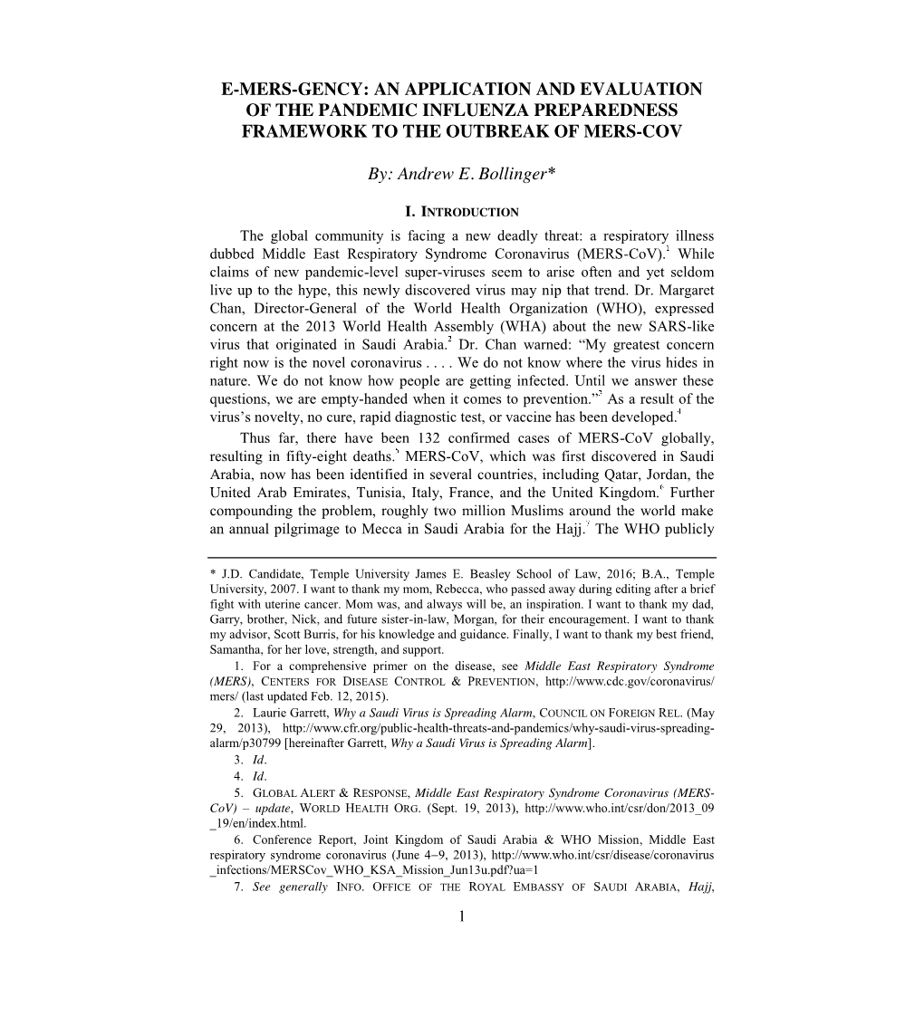 E-Mers-Gency: an Application and Evaluation of the Pandemic Influenza Preparedness Framework to the Outbreak of Mers-Cov