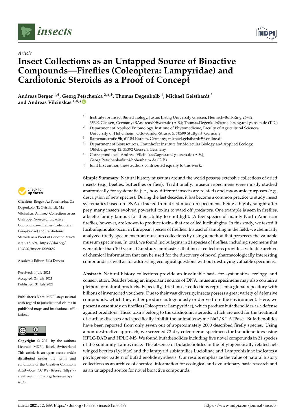 (Coleoptera: Lampyridae) and Cardiotonic Steroids As a Proof of Concept