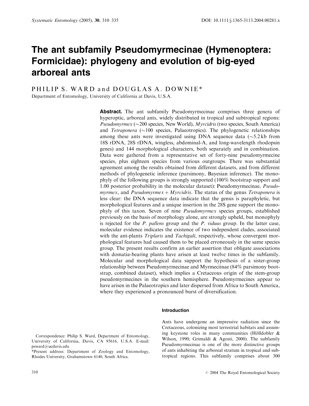 Phylogeny and Evolution of Big-Eyed Arboreal Ants