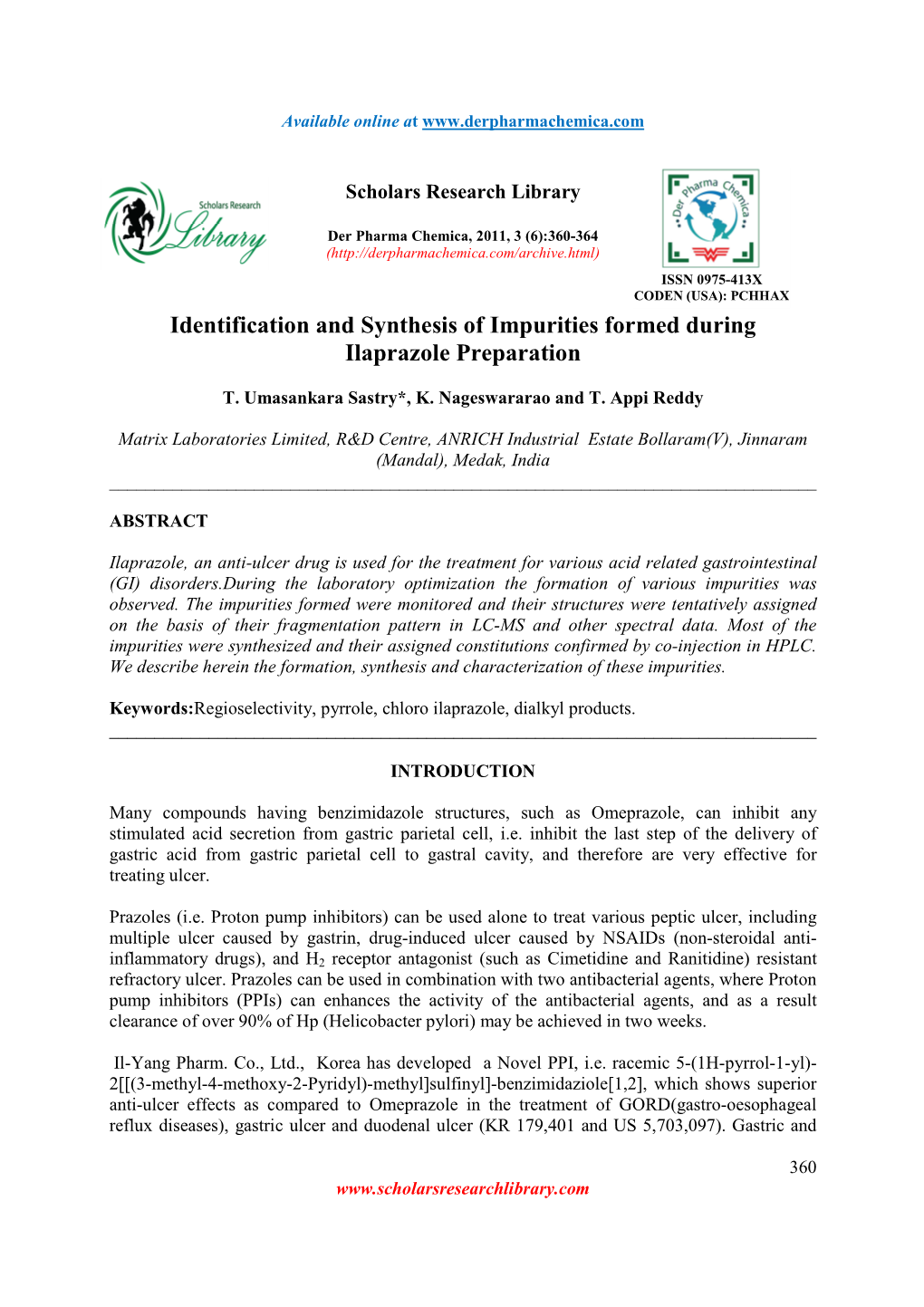 Identification and Synthesis of Impurities Formed During Ilaprazole Preparation