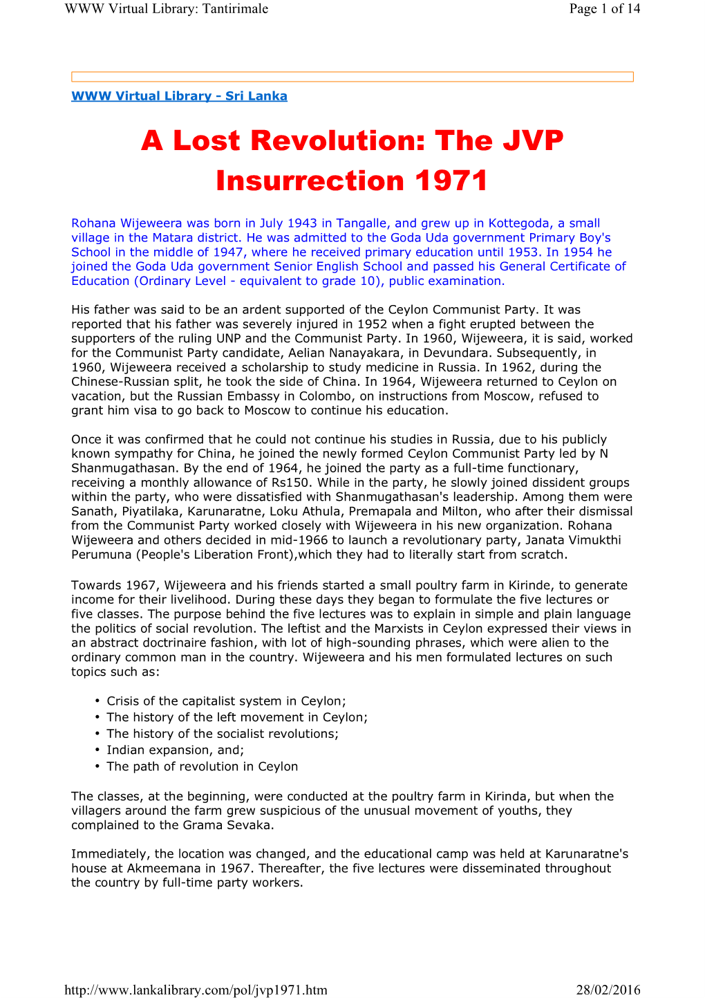 A Lost Revolution: the JVP Insurrection 1971