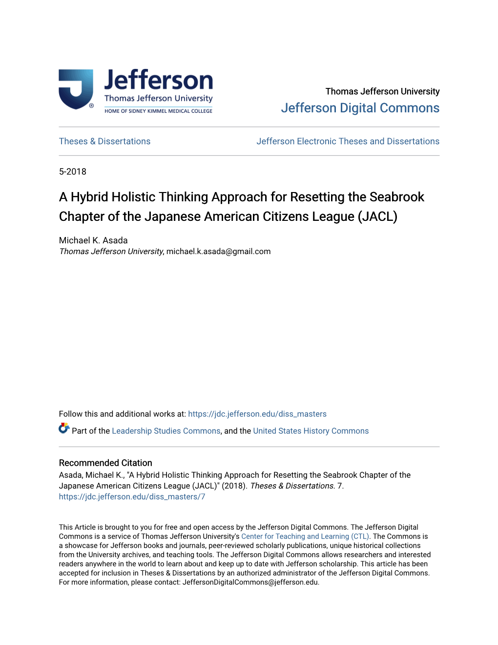 A Hybrid Holistic Thinking Approach for Resetting the Seabrook Chapter of the Japanese American Citizens League (JACL)