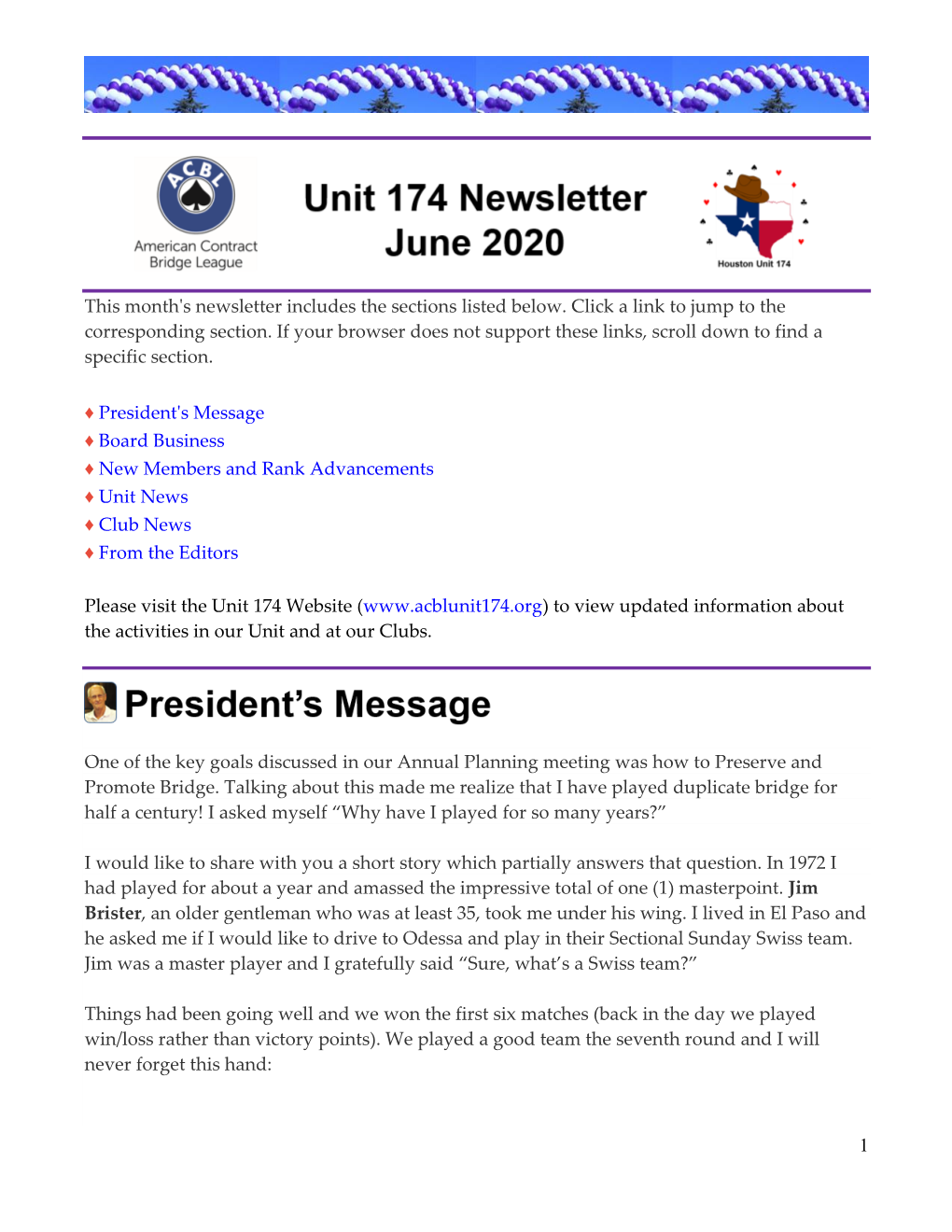 1 This Month's Newsletter Includes the Sections Listed Below. Click a Link To