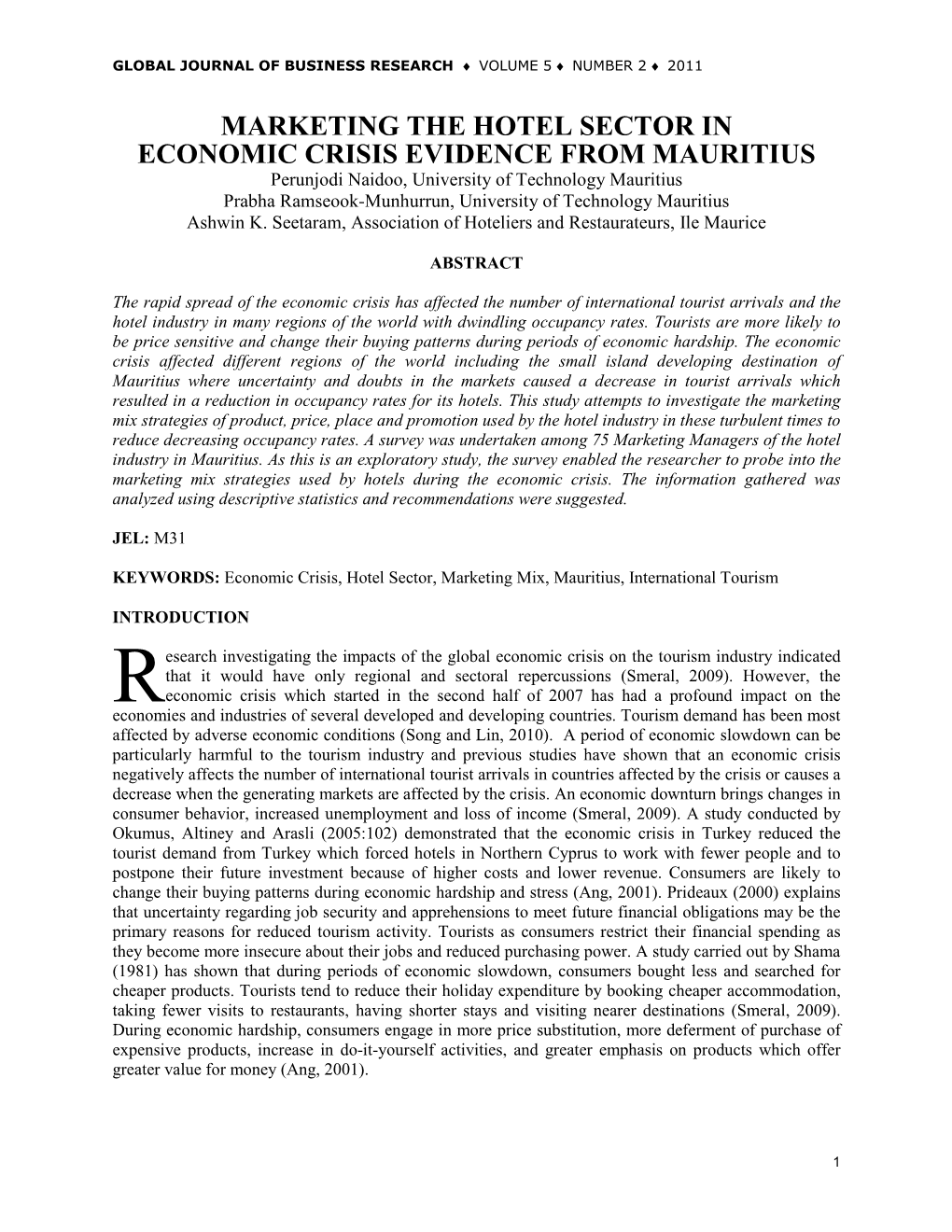 Marketing the Hotel Sector in Economic Crisis Evidence from Mauritius