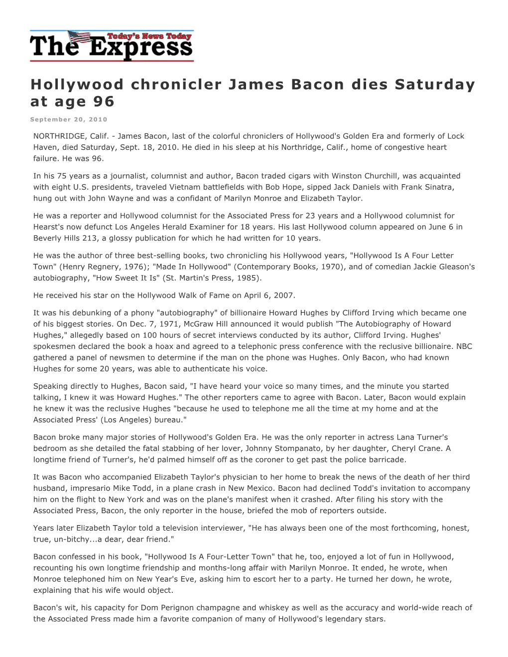 James Bacon Dies Saturday at Age 96