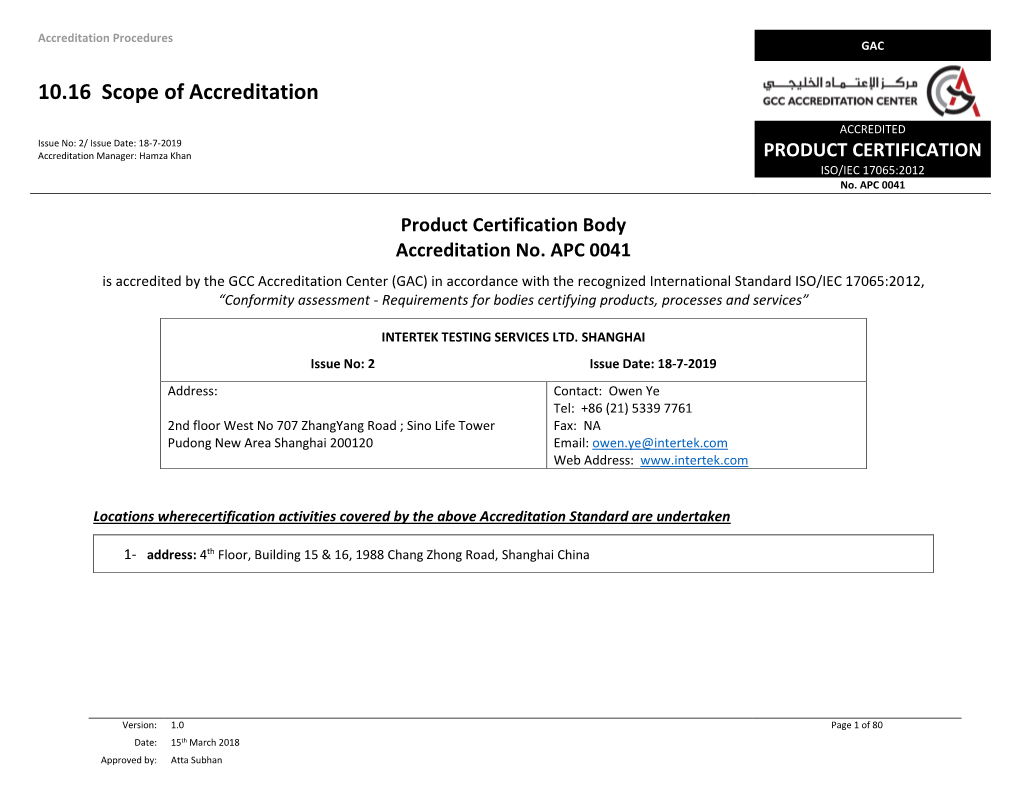 10.16 Scope of Accreditation