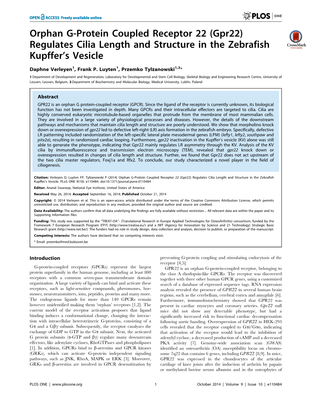 Orphan G-Protein Coupled Receptor 22 (Gpr22) Regulates Cilia Length and Structure in the Zebrafish Kupffer’S Vesicle