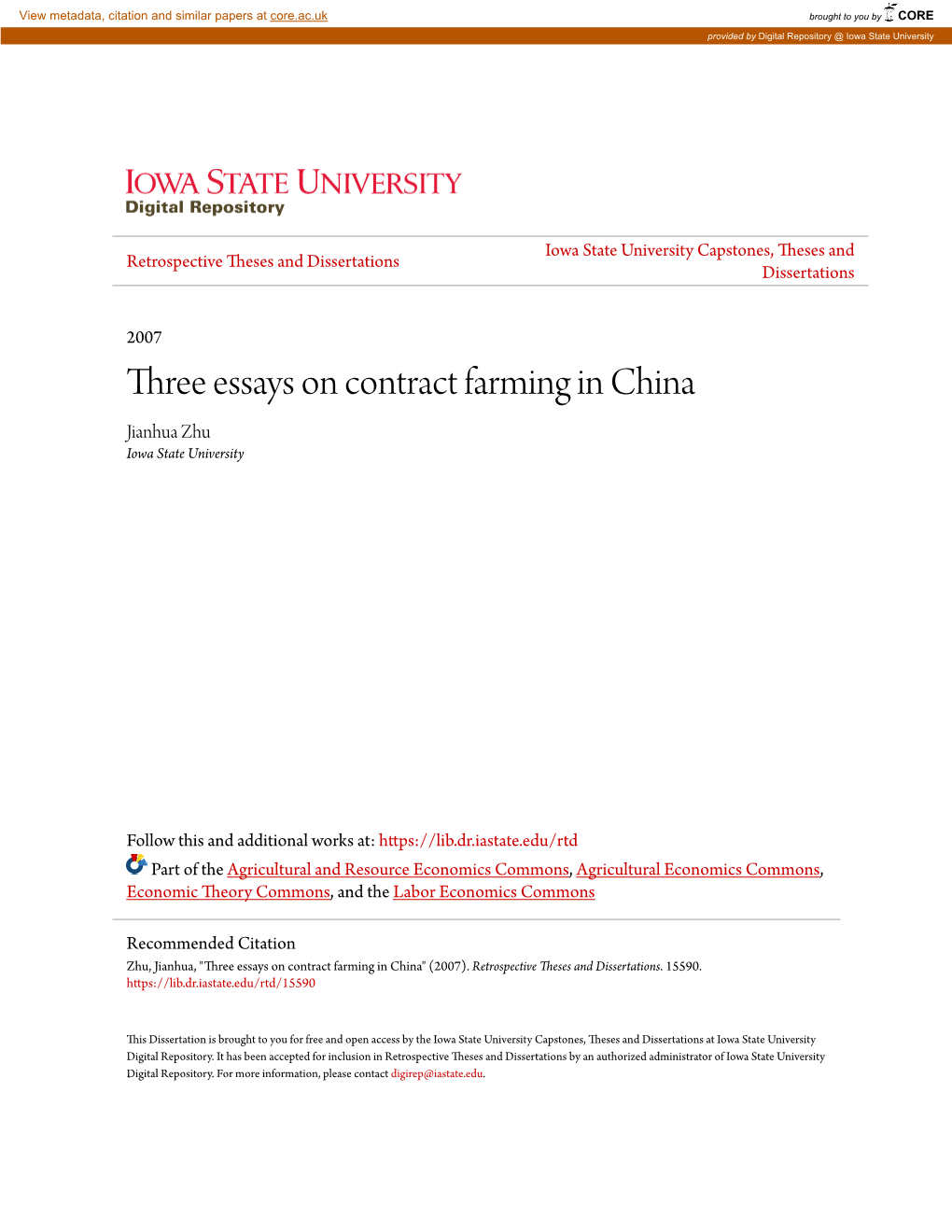 Three Essays on Contract Farming in China Jianhua Zhu Iowa State University