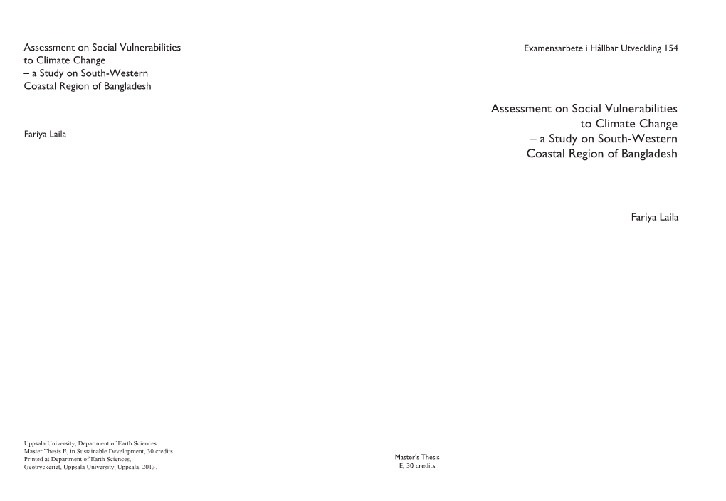 Assessment on Social Vulnerabilities to Climate Change Fariya Laila – a Study on South-Western Coastal Region of Bangladesh