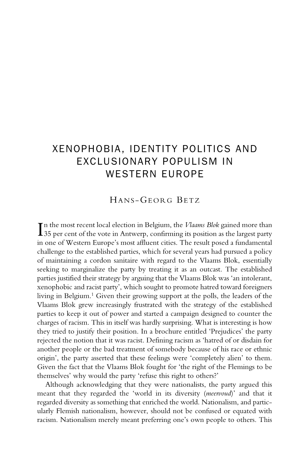 Xenophobia, Identity Politics and Exclusionary Populism in Western Europe