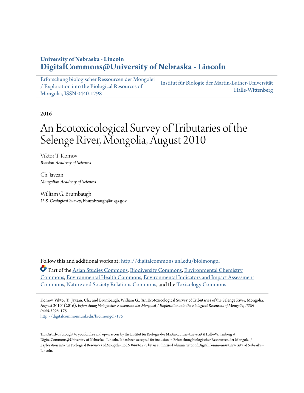 An Ecotoxicological Survey of Tributaries of the Selenge River, Mongolia, August 2010 Viktor T