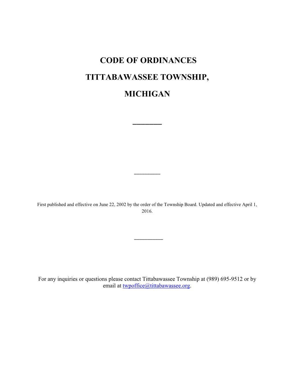 Code of Ordinances Tittabawassee Township, Michigan