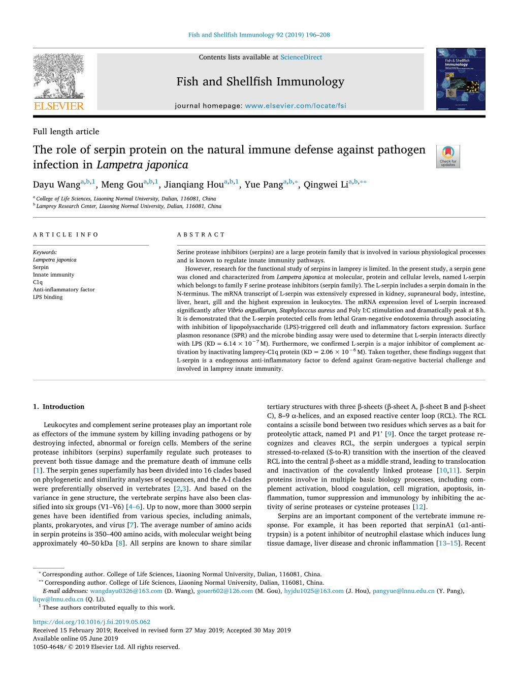 The Role of Serpin Protein on the Natural Immune Defense Against