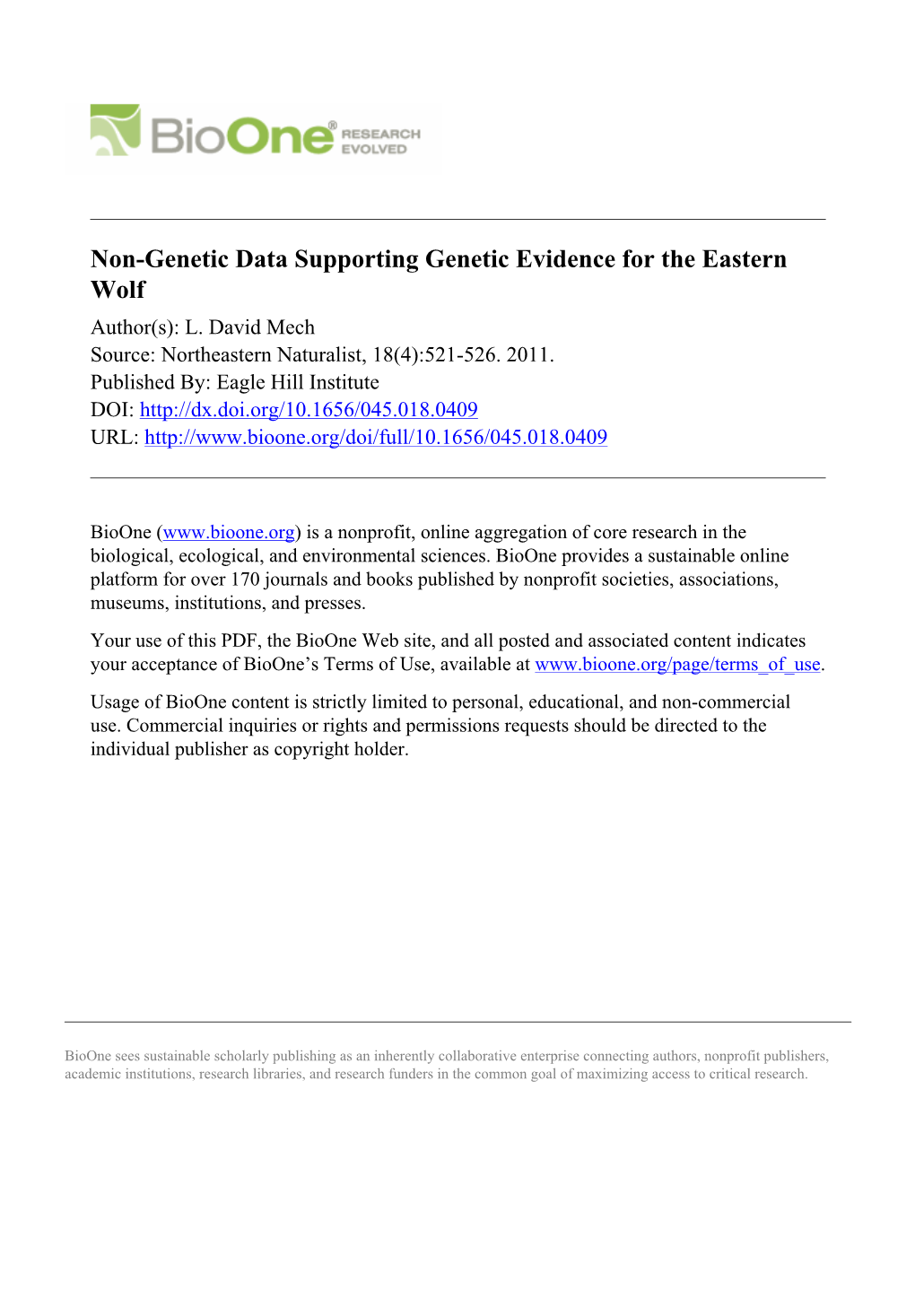 Non-Genetic Data Supporting Genetic Evidence for the Eastern Wolf Author(S): L