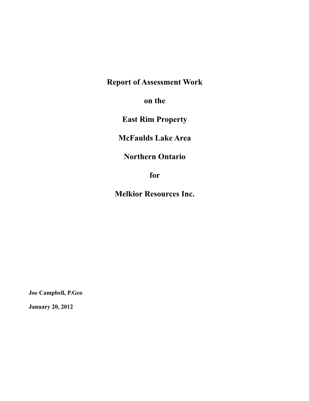 Report of Assessment Work on the East Rim Property Mcfaulds Lake