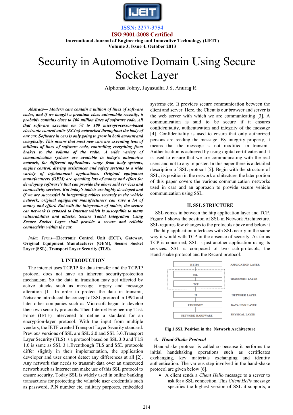 Security in Automotive Domain Using Secure Socket Layer Alphonsa Johny, Jayasudha J.S, Anurag R